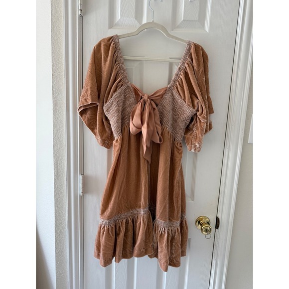 Free People Easy to Love Mini Dress Velvet Smocked Ruffle Babydoll Bohemian - Picture 6 of 9
